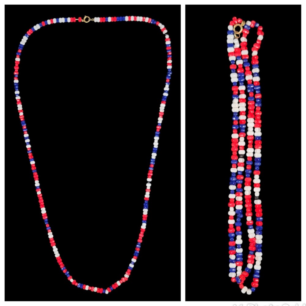 VTG 90s Red White Blue Beaded Necklace Patriotic Americana 4th of July USA